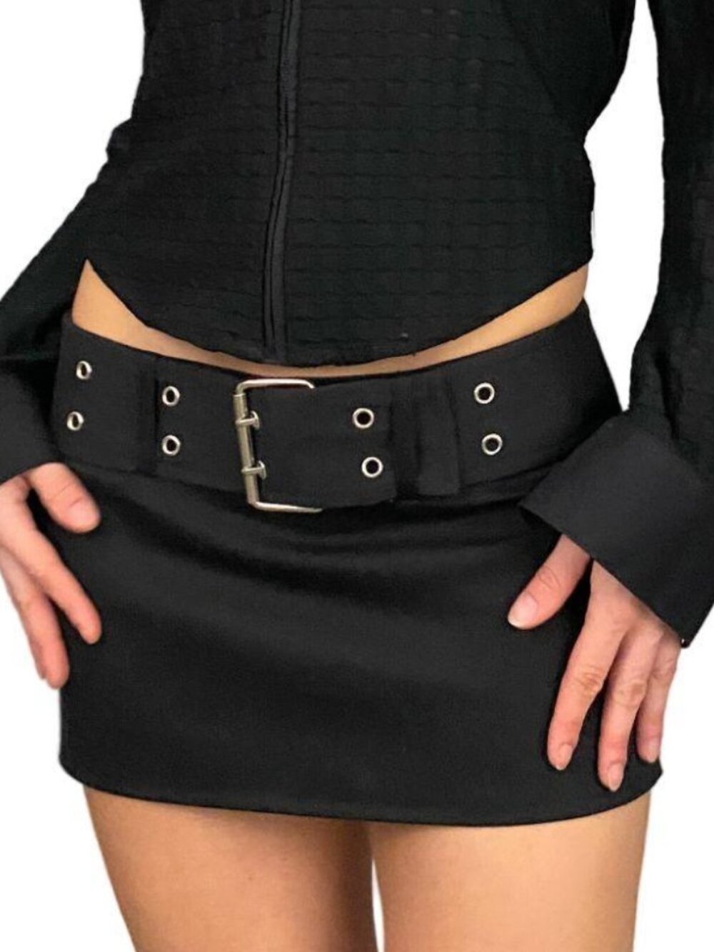 2000's y2k black chunky low rise buckle mini skirt by tracy evans